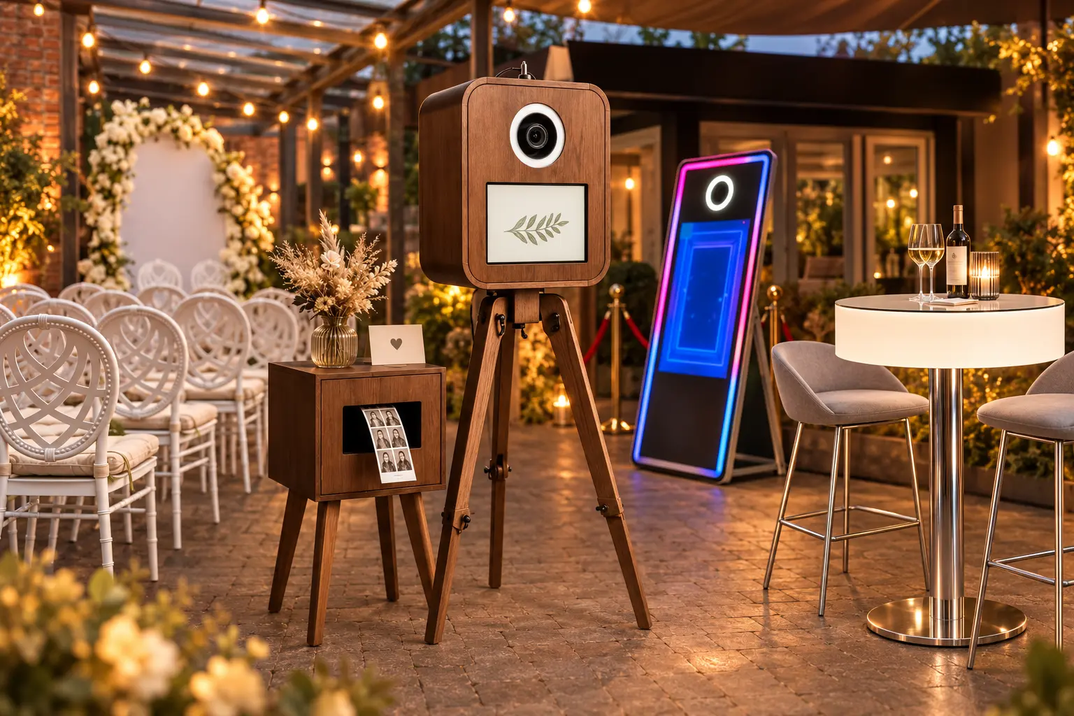 Professionelle Eventausstattung von Brüser und Beerbaum mit Fotobox, Fotospiegel, Tiffany Stühlen und LED Stehtischen