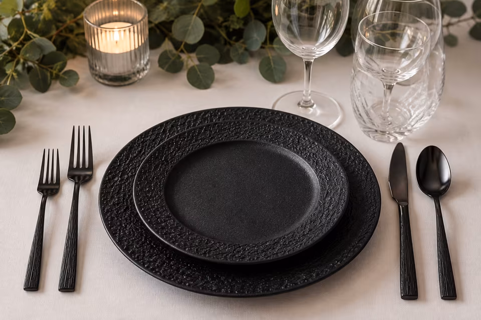 Schwarzes Geschirr und Besteck als elegantes Gedeck